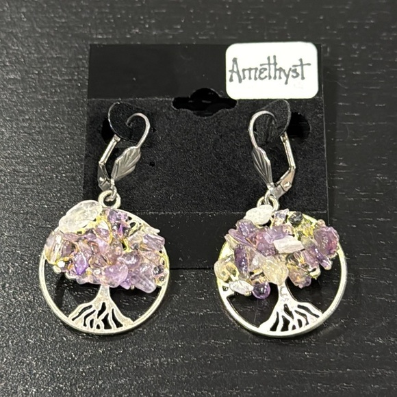 Amethyst Stone Tree Earrings - Picture 1 of 5